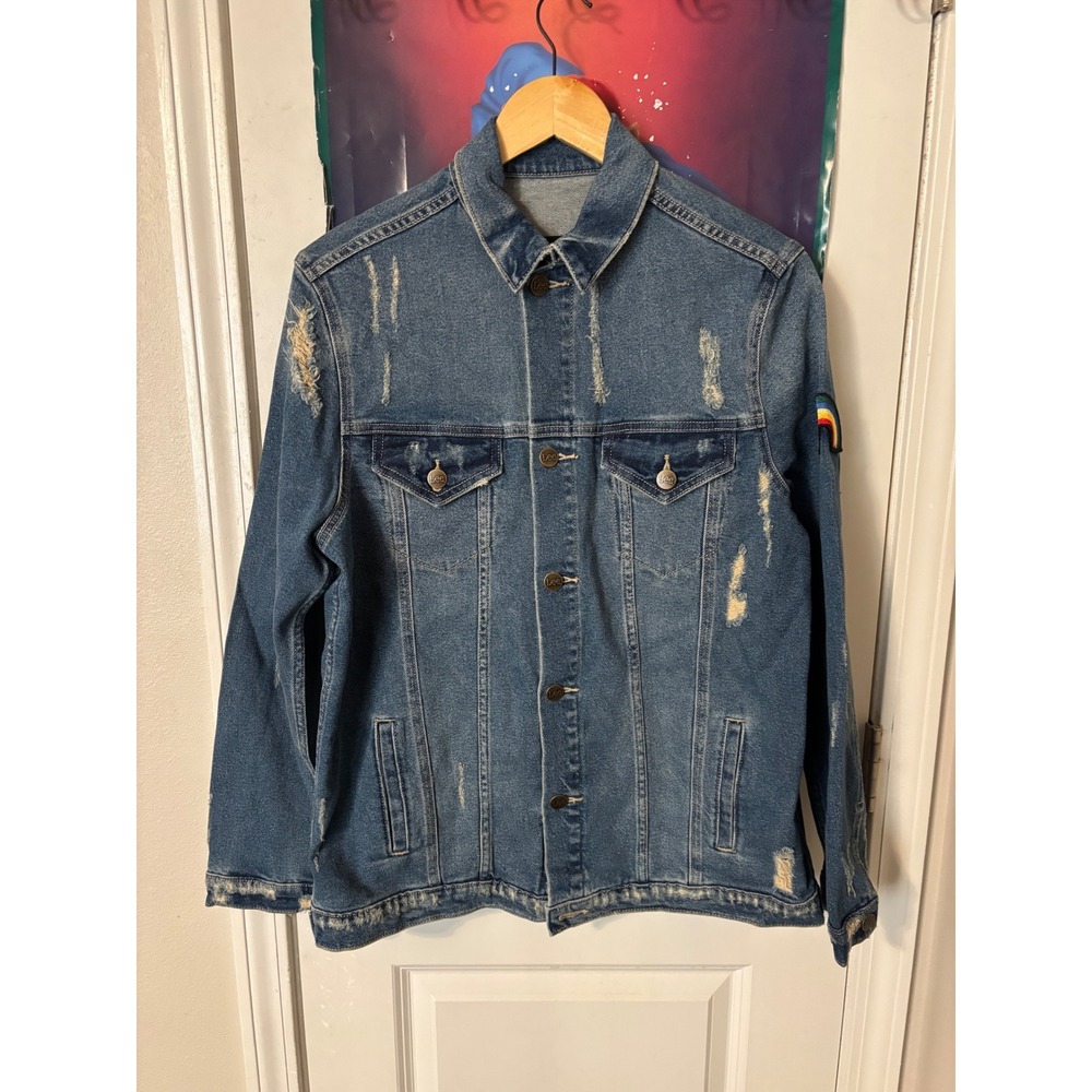 Lee Modern Series Greeley Distressed Denim Jacket Lee is Love Rainbow Mens L